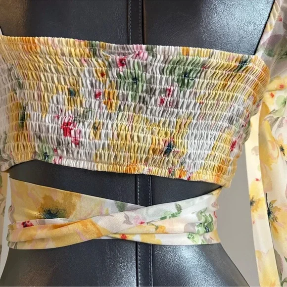 Sheer Floral Bloom Chiffon Crop Top Y2K True Wrap Yellow Romantic Milkmaid - Picture 3 of 10
